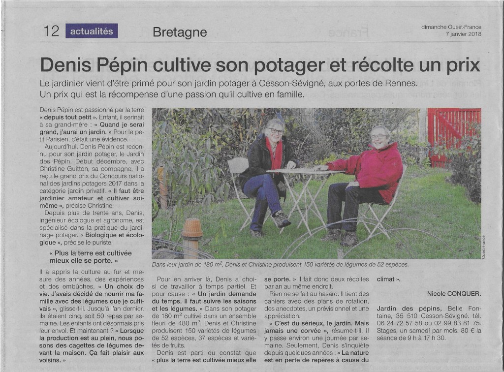 Denis Pépin cultive son potager et récolte un prix, article de Dimanche Ouest France du 07 janvier 2018